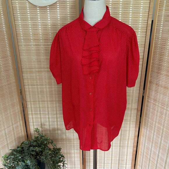 Vintage Red Polka Dot Button-Up Blouse With Ruffle Tie Neck & Puff Sleeves - Picture 4 of 10